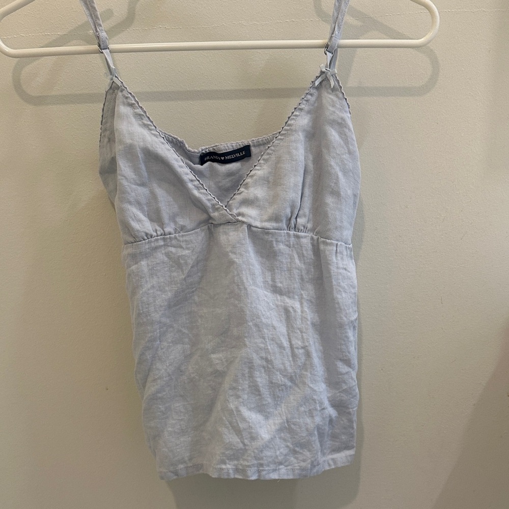 Brandy Melville Pale Blue Linen V-neck babydoll top